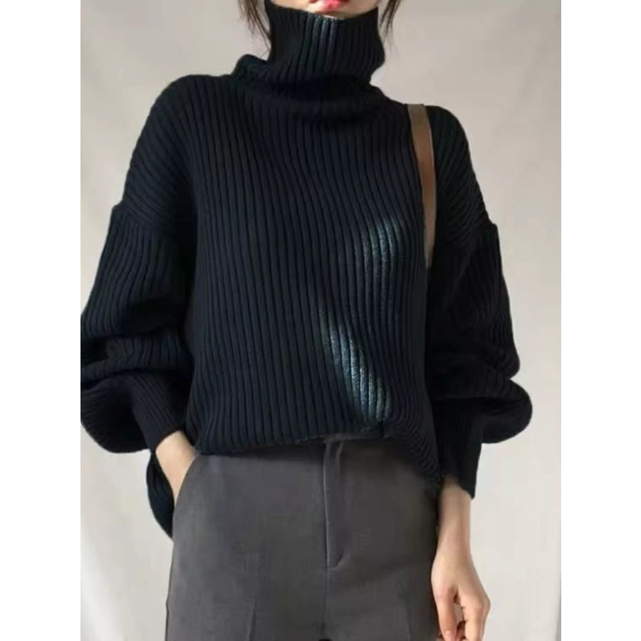 Full Size Oversized Turtleneck Ribbed Knit Sweater Plus Size Black / S Apparel and Accessories