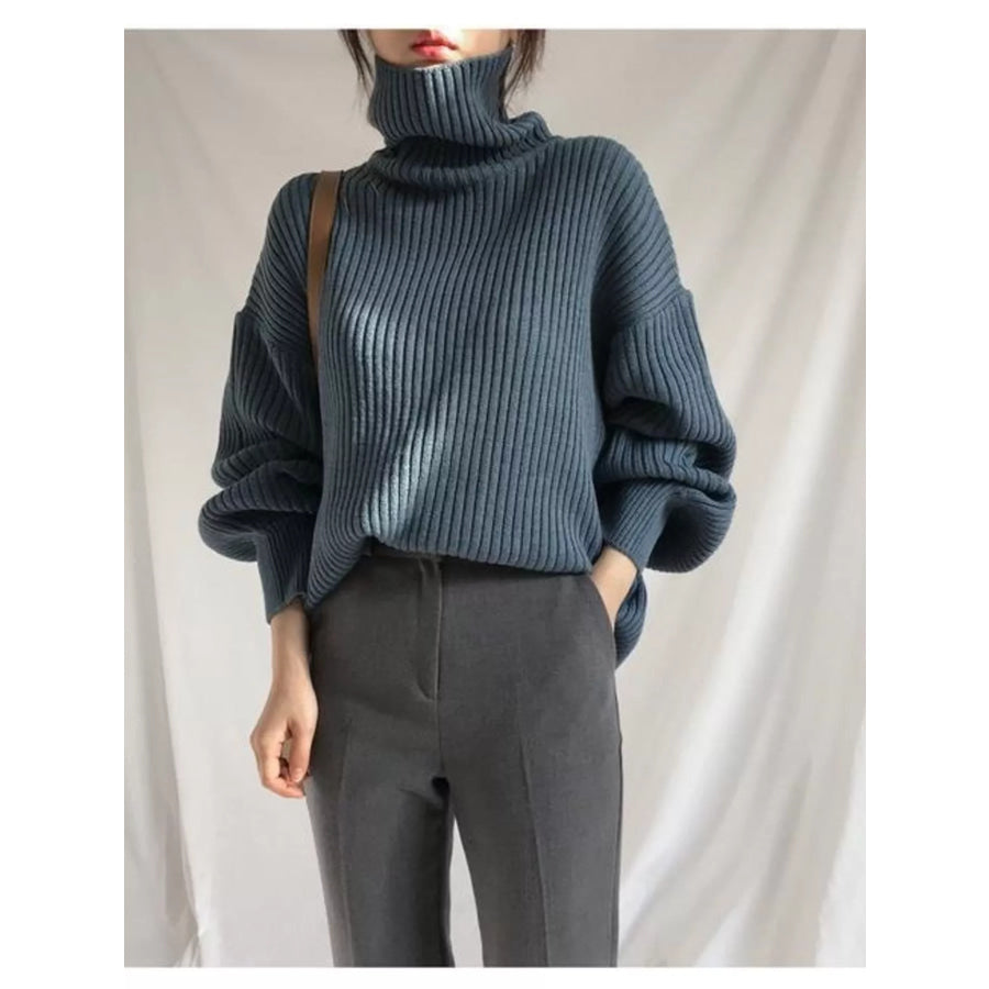 Full Size Oversized Turtleneck Ribbed Knit Sweater Plus Size Blue / S Apparel and Accessories