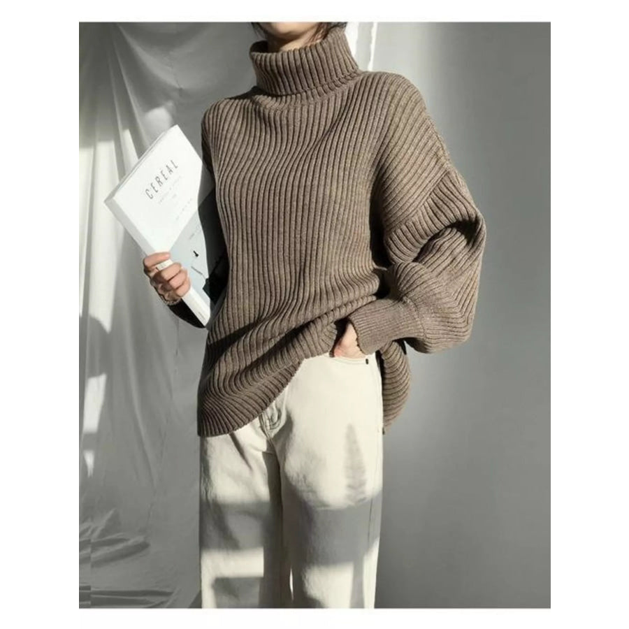 Full Size Oversized Turtleneck Ribbed Knit Sweater Plus Size Coffee / S Apparel and Accessories