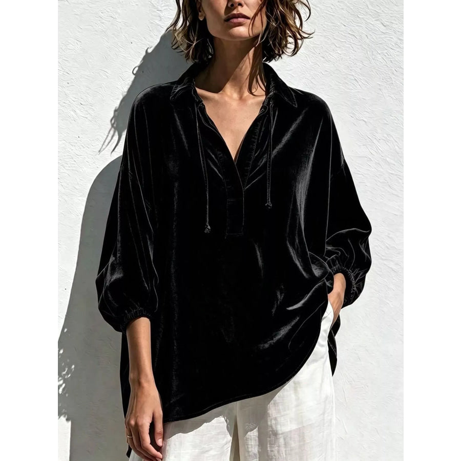 Full Size Oversized Velvet Collared Neck Drawstring Blouse Plus Black / S