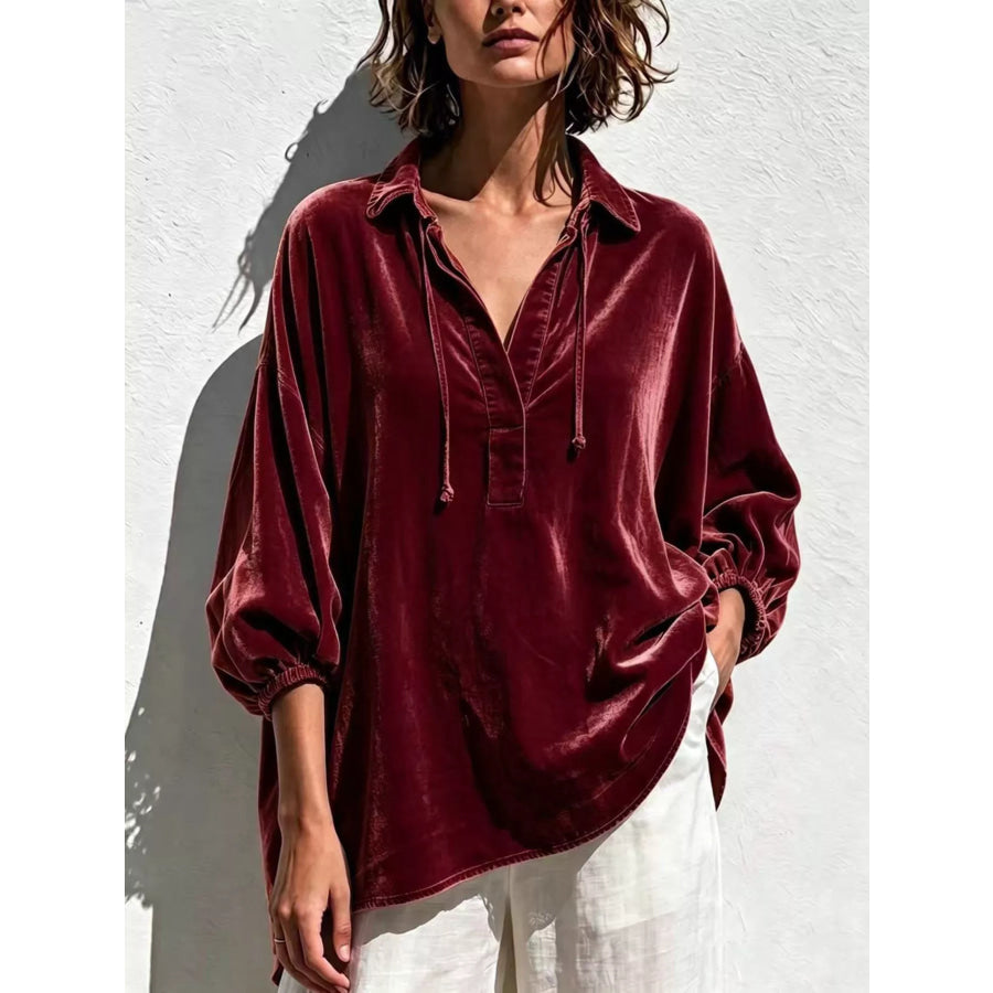 Full Size Oversized Velvet Collared Neck Drawstring Blouse Plus Burgundy / S