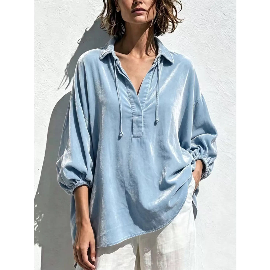 Full Size Oversized Velvet Collared Neck Drawstring Blouse Plus Light Blue / S