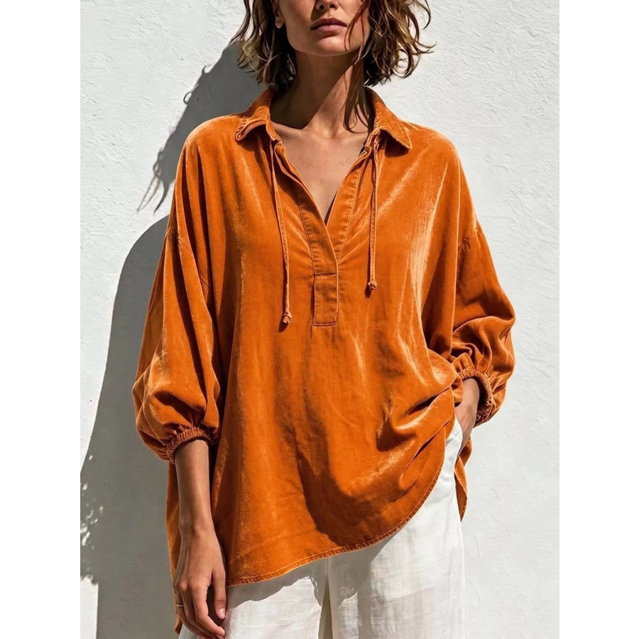 Full Size Oversized Velvet Collared Neck Drawstring Blouse Plus Orange / S
