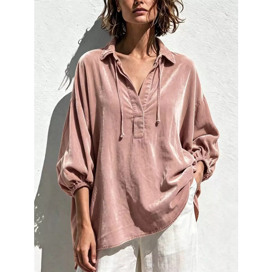 Full Size Oversized Velvet Collared Neck Drawstring Blouse Plus Pink / S