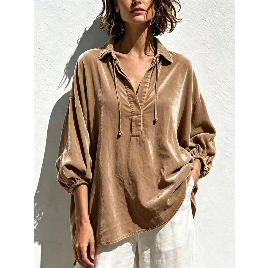 Full Size Oversized Velvet Collared Neck Drawstring Blouse Plus Tan / S