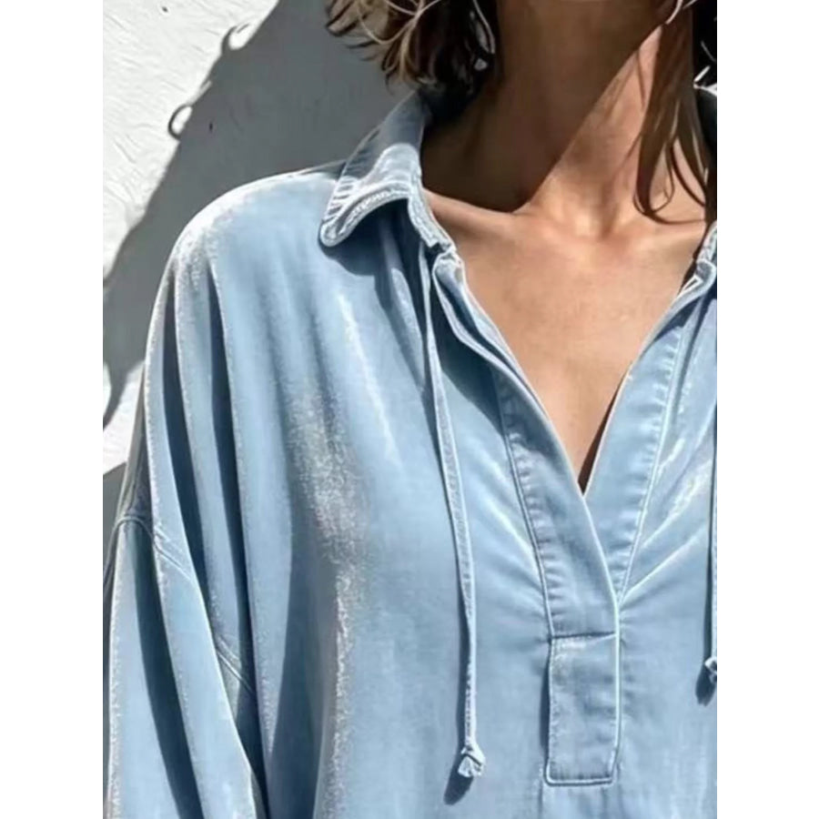 Full Size Oversized Velvet Collared Neck Drawstring Blouse Plus