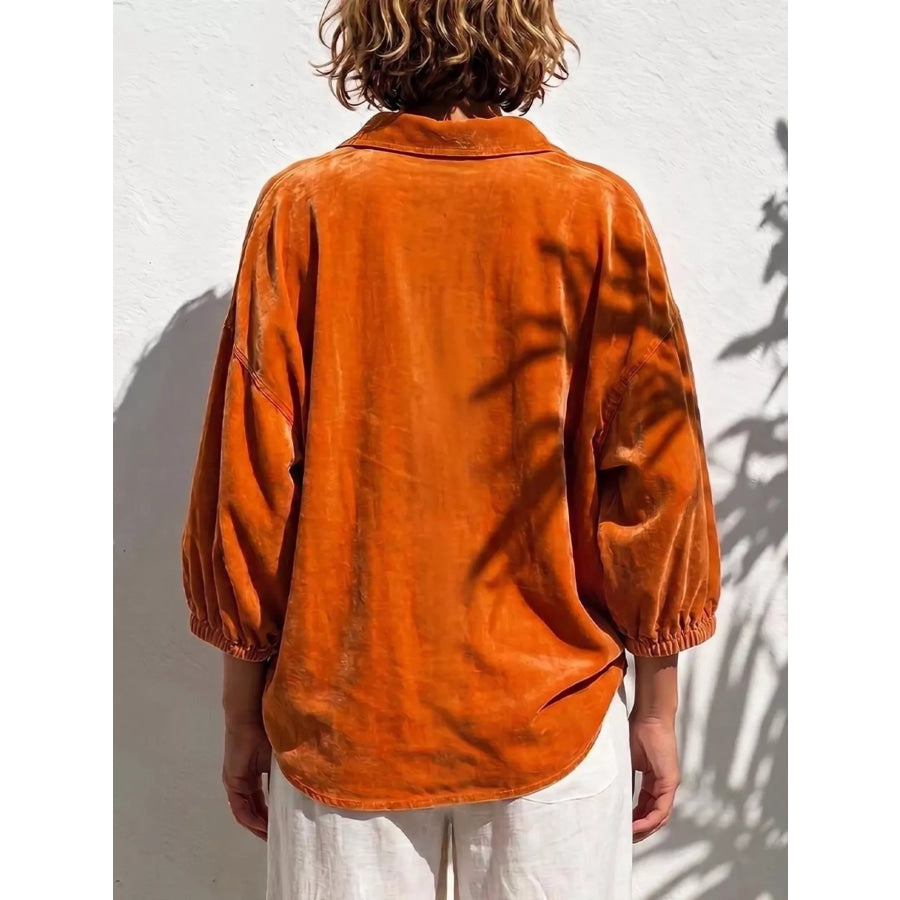 Full Size Oversized Velvet Collared Neck Drawstring Blouse Plus