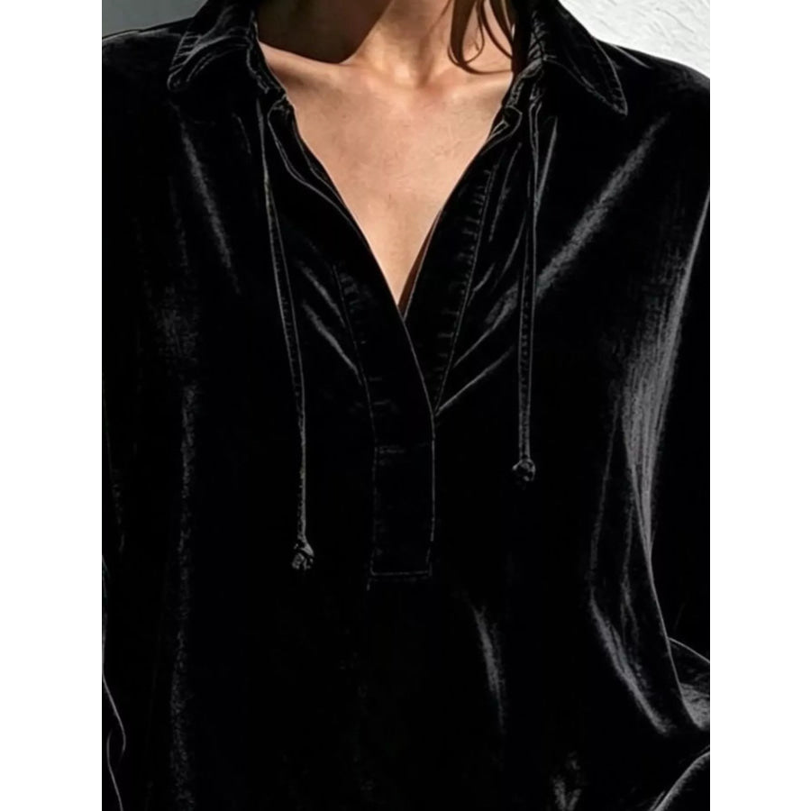 Full Size Oversized Velvet Collared Neck Drawstring Blouse Plus