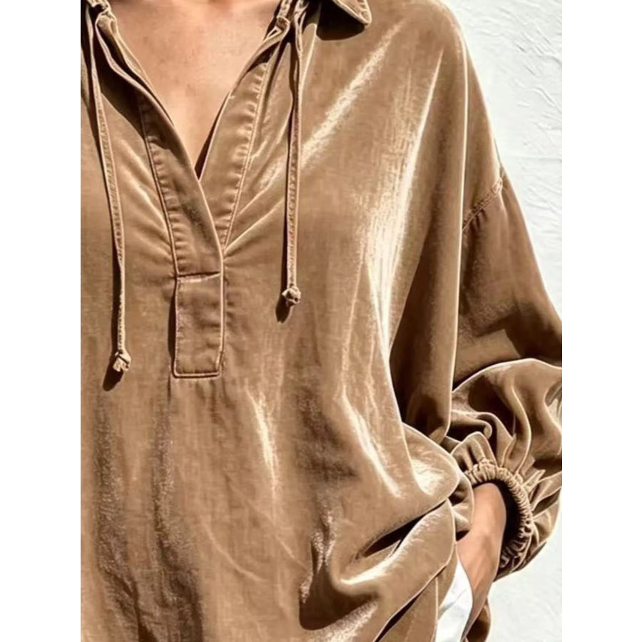 Full Size Oversized Velvet Collared Neck Drawstring Blouse Plus