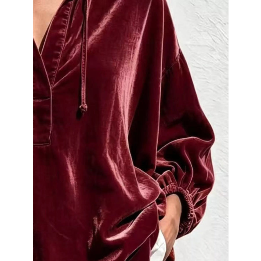 Full Size Oversized Velvet Collared Neck Drawstring Blouse Plus