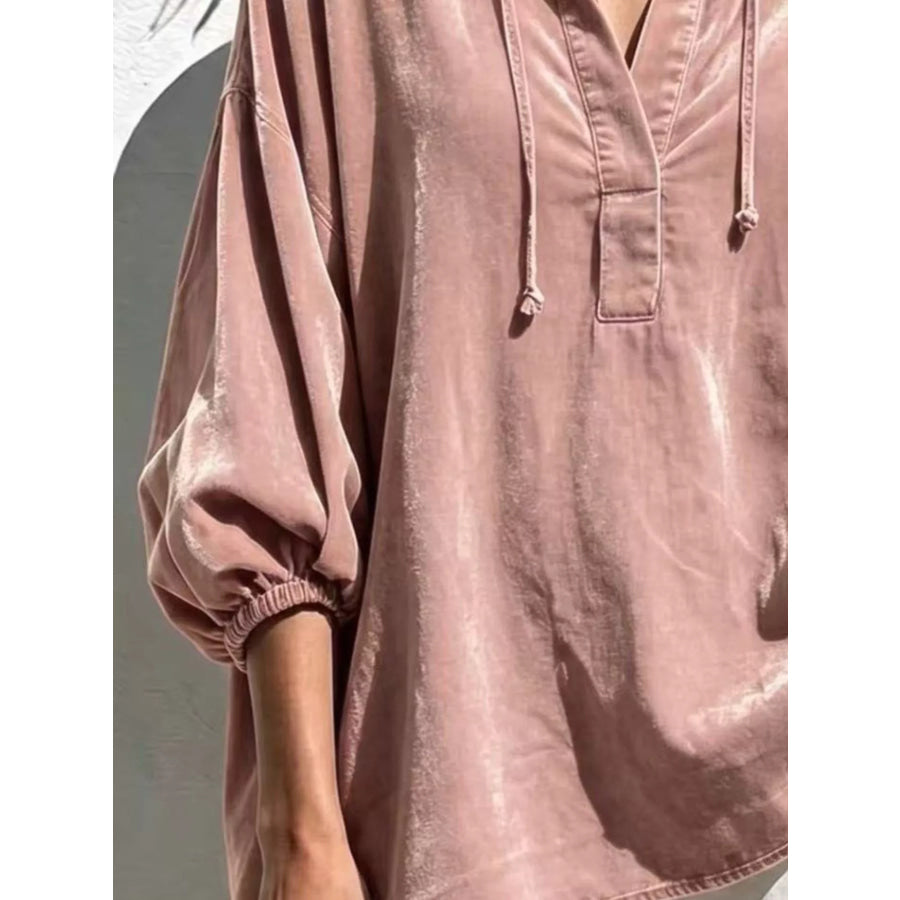 Full Size Oversized Velvet Collared Neck Drawstring Blouse Plus
