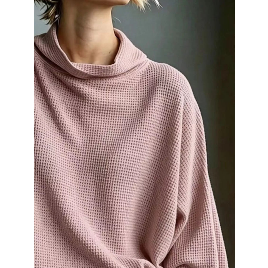 Full Size Oversized Waffle Knit Mock Neck T-Shirt Plus Apparel and Accessories