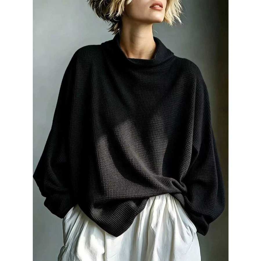 Full Size Oversized Waffle Knit Mock Neck T-Shirt Plus Black / S Apparel and Accessories