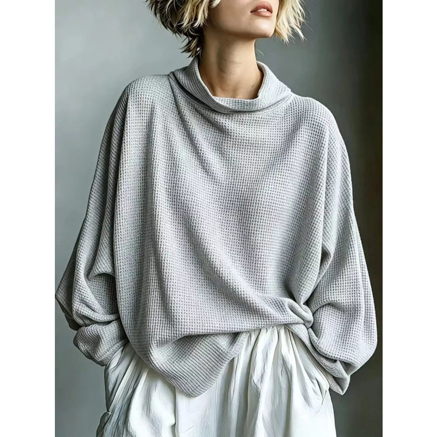 Full Size Oversized Waffle Knit Mock Neck T-Shirt Plus Gray / S Apparel and Accessories