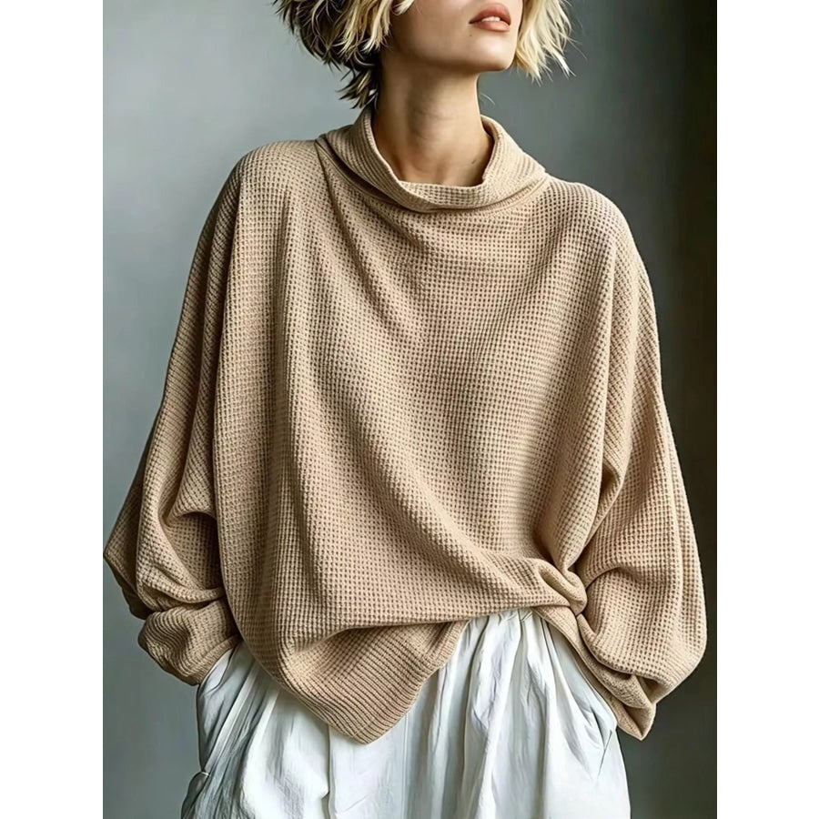 Full Size Oversized Waffle Knit Mock Neck T-Shirt Plus Khaki / S Apparel and Accessories