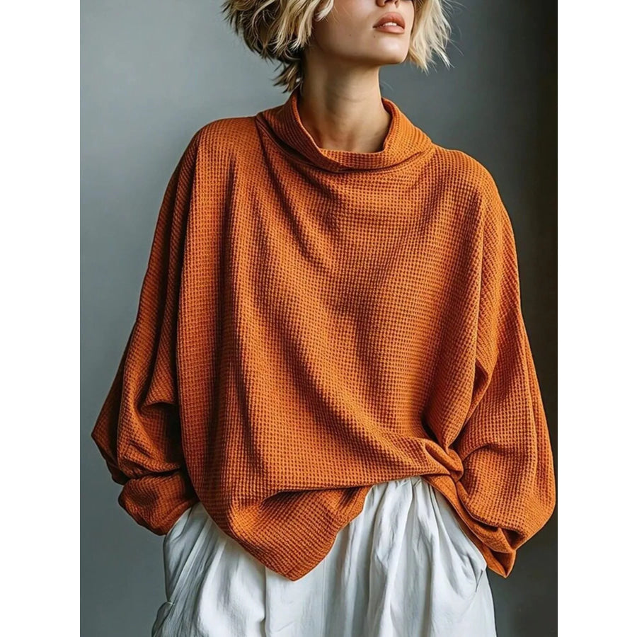 Full Size Oversized Waffle Knit Mock Neck T-Shirt Plus Orange / S Apparel and Accessories
