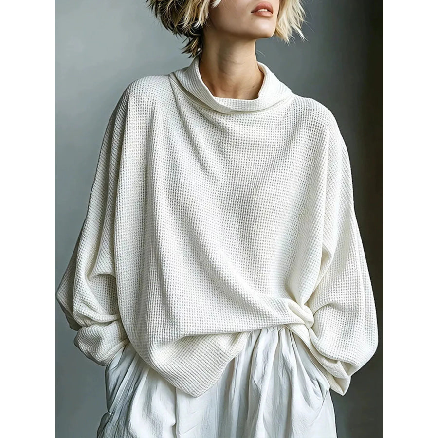 Full Size Oversized Waffle Knit Mock Neck T-Shirt Plus White / S Apparel and Accessories