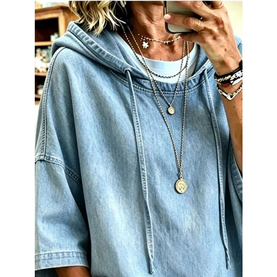 Full Size Oversized Washed Denim Hoodie Top Plus Apparel and Accessories