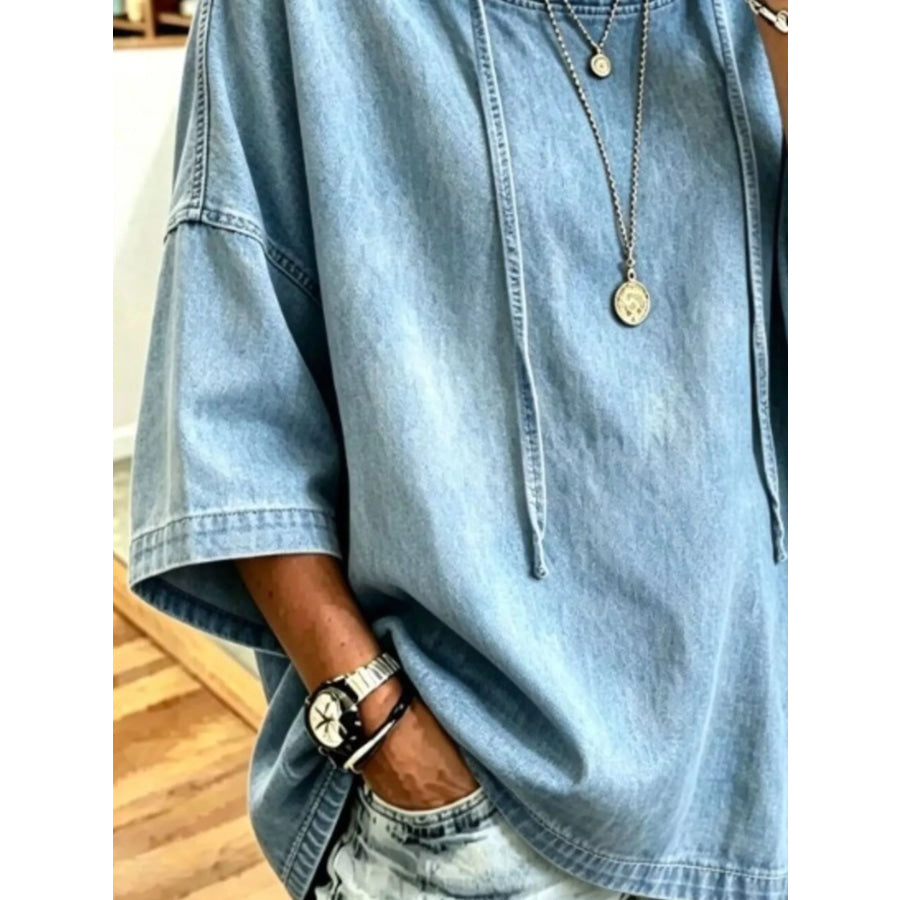 Full Size Oversized Washed Denim Hoodie Top Plus Apparel and Accessories