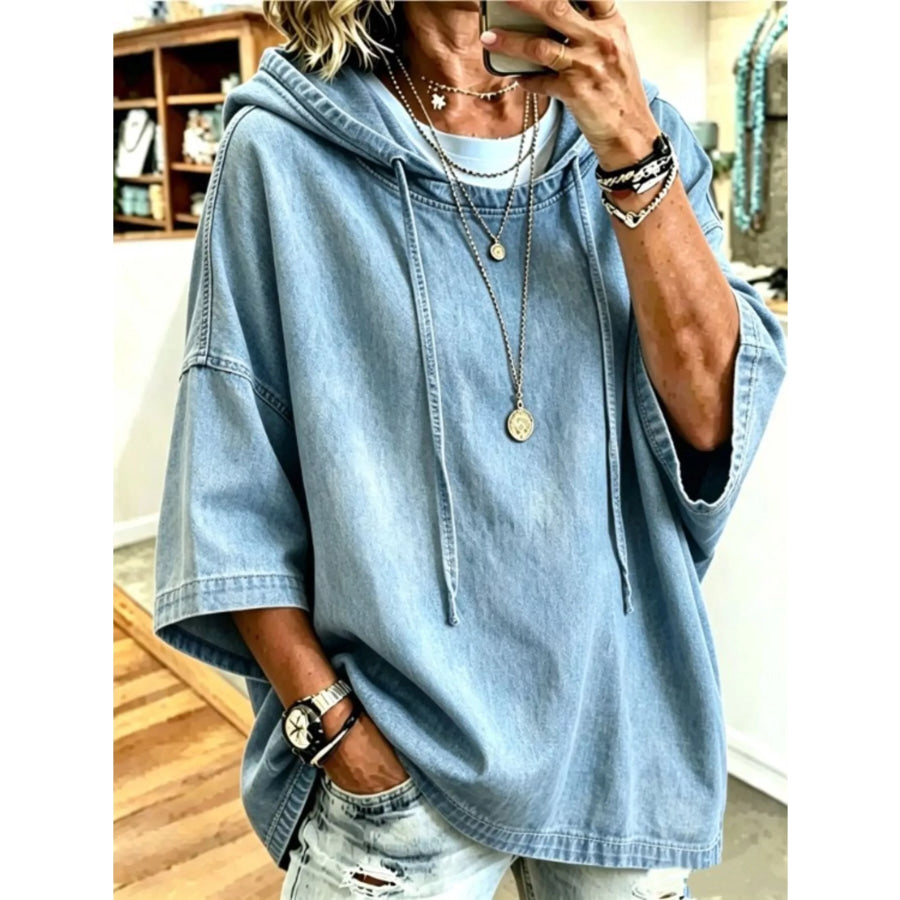 Full Size Oversized Washed Denim Hoodie Top Plus Light Blue / S Apparel and Accessories