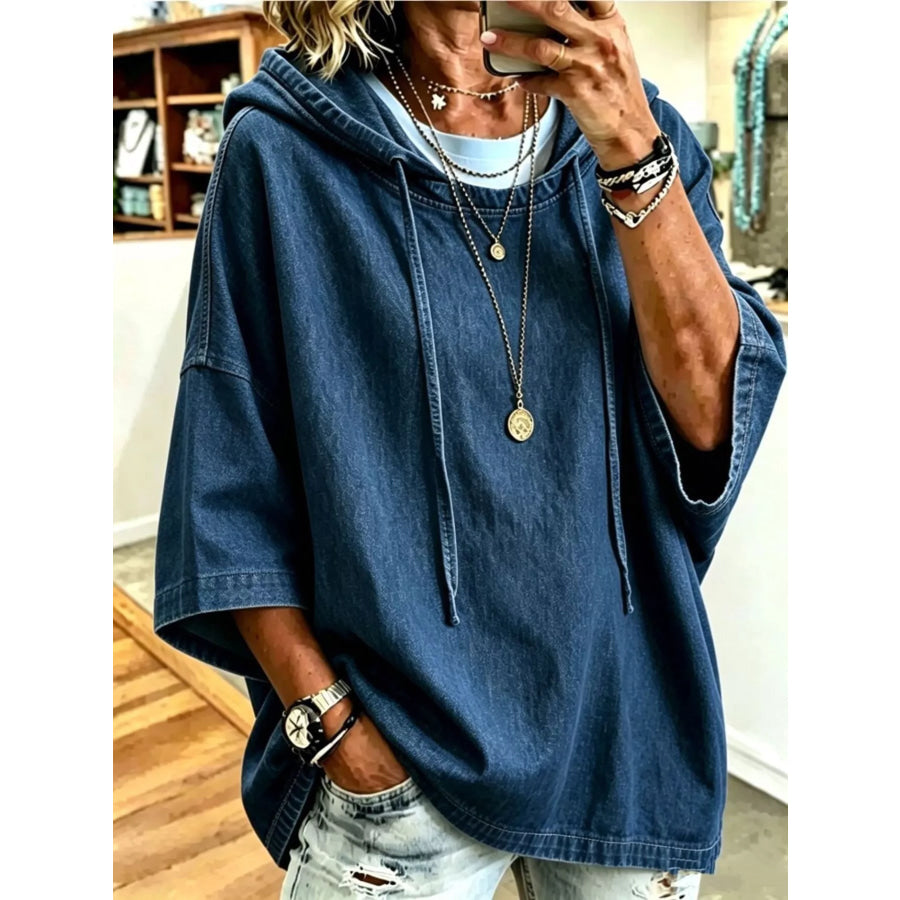 Full Size Oversized Washed Denim Hoodie Top Plus Navy / S Apparel and Accessories