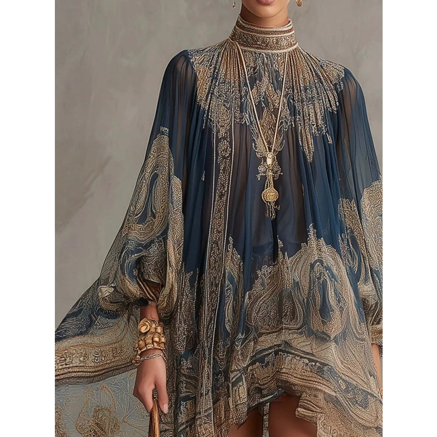 Full Size Paisley Print Chiffon High-Low Mini Dress Plus Apparel and Accessories