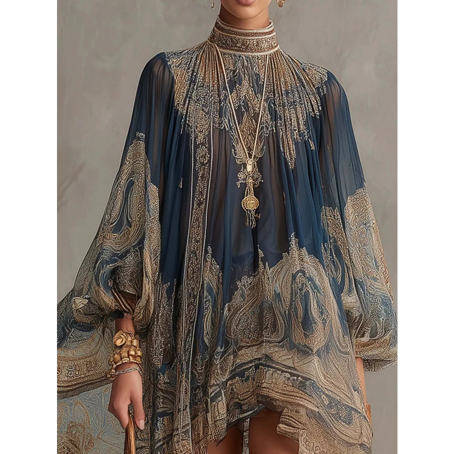 Full Size Paisley Print Chiffon High-Low Mini Dress Plus Apparel and Accessories