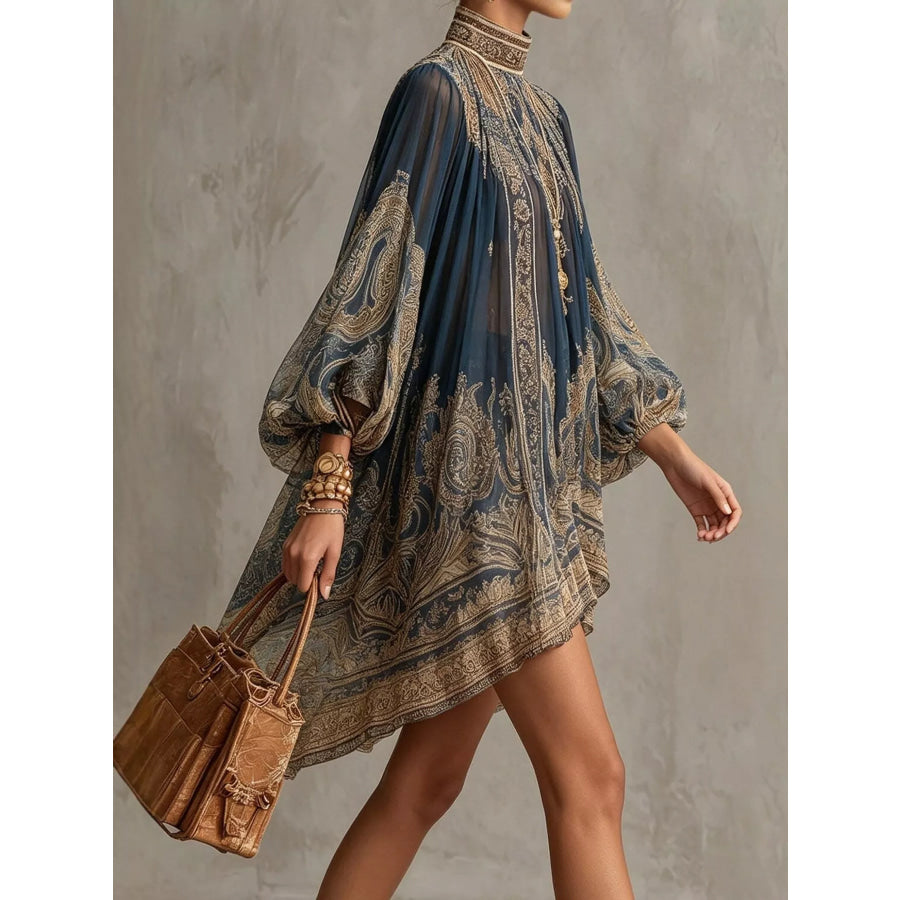 Full Size Paisley Print Chiffon High-Low Mini Dress Plus Apparel and Accessories