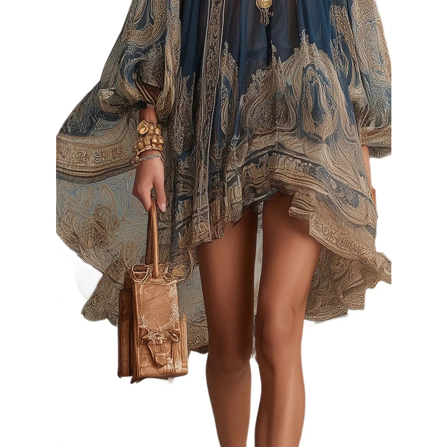 Full Size Paisley Print Chiffon High-Low Mini Dress Plus Apparel and Accessories