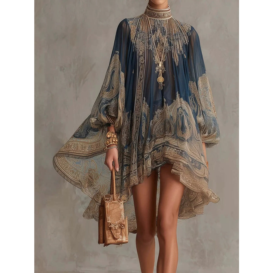 Full Size Paisley Print Chiffon High-Low Mini Dress Plus Navy / XS Apparel and Accessories
