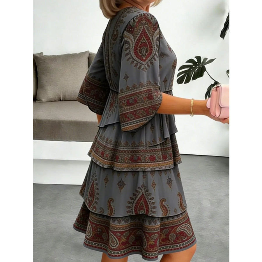 Full Size Paisley Print Layered Ruffle Mini Dress Plus Size Apparel and Accessories