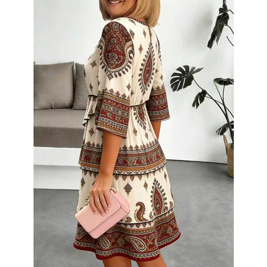 Full Size Paisley Print Layered Ruffle Mini Dress Plus Size Dark Brown / S Apparel and Accessories