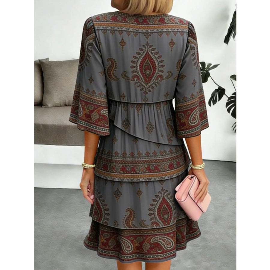 Full Size Paisley Print Layered Ruffle Mini Dress Plus Size Apparel and Accessories