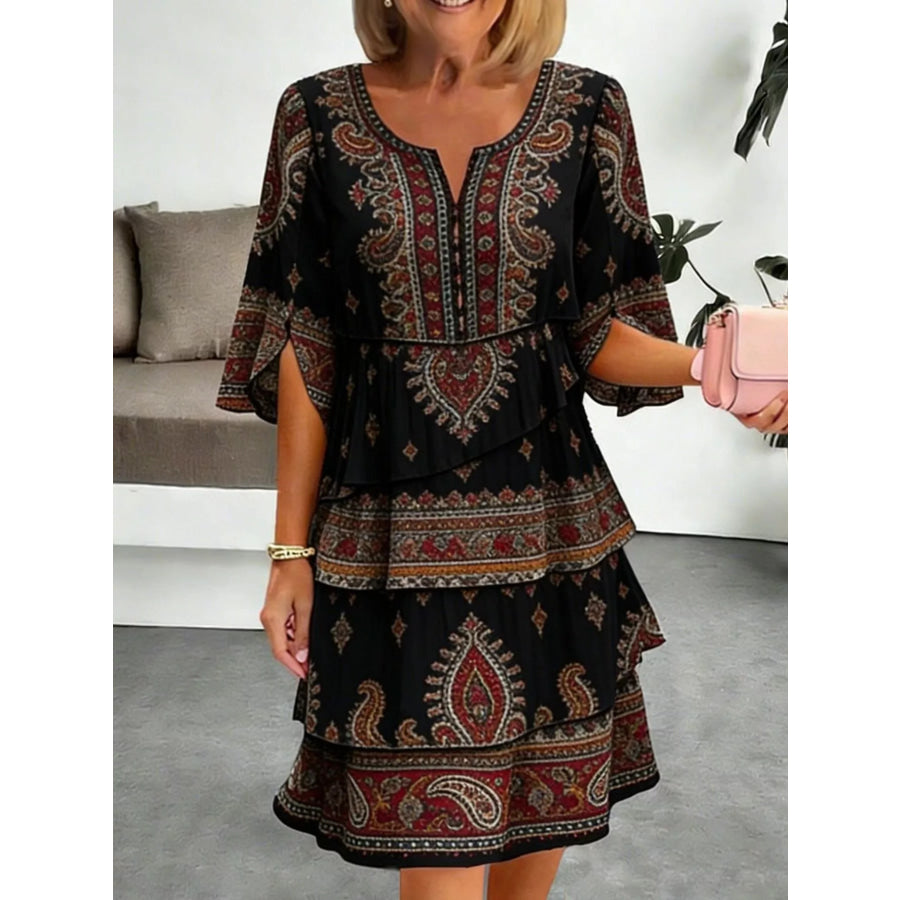 Full Size Paisley Print Layered Ruffle Mini Dress Plus Size Black / S Apparel and Accessories