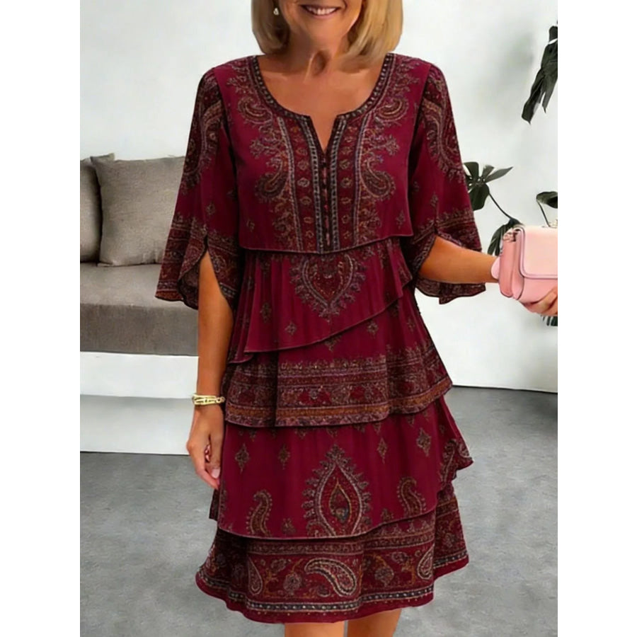 Full Size Paisley Print Layered Ruffle Mini Dress Plus Size Burgundy / S Apparel and Accessories