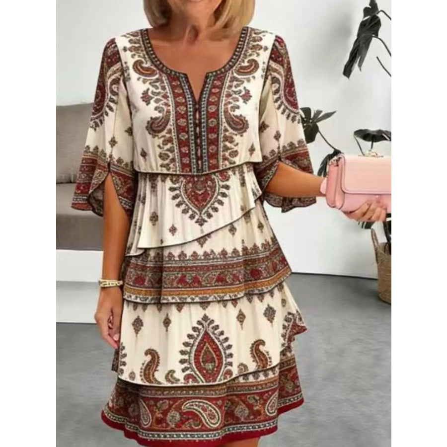 Full Size Paisley Print Layered Ruffle Mini Dress Plus Size Dark Brown / S Apparel and Accessories