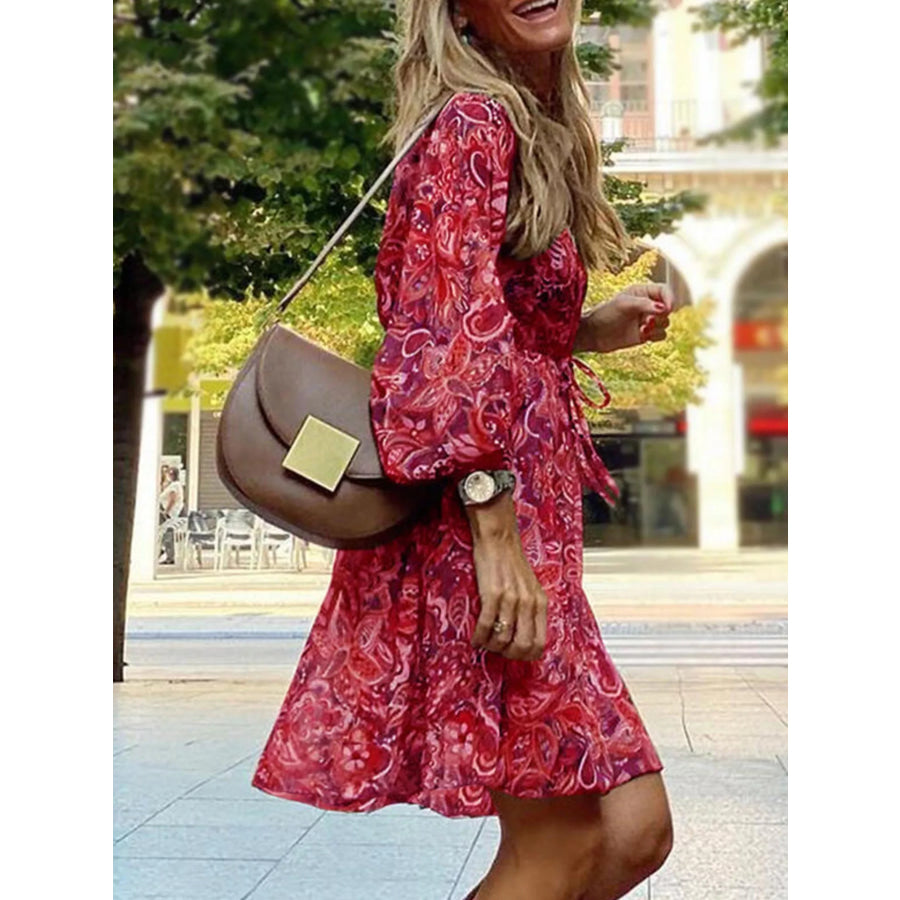 Full Size Paisley Print Long Sleeve Mini Dress Plus Size Apparel and Accessories