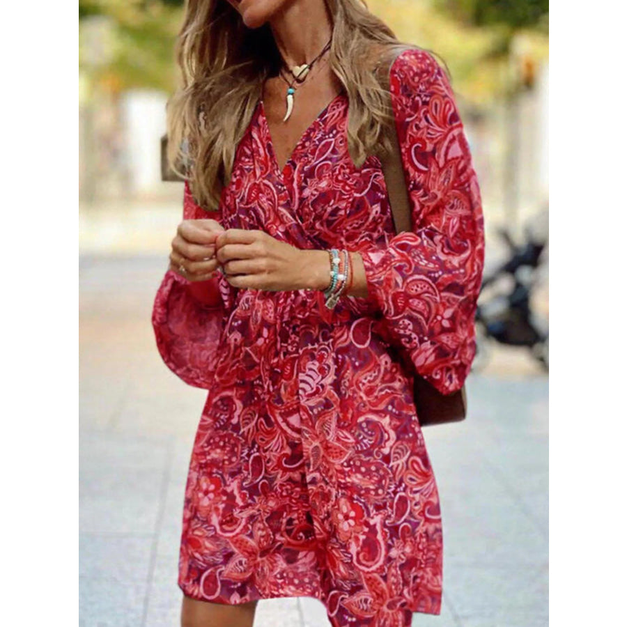 Full Size Paisley Print Long Sleeve Mini Dress Plus Size Apparel and Accessories