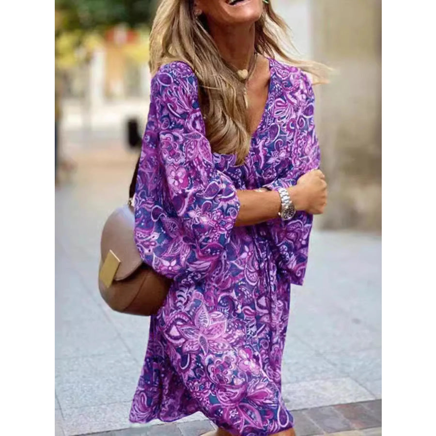 Full Size Paisley Print Long Sleeve Mini Dress Plus Size Apparel and Accessories
