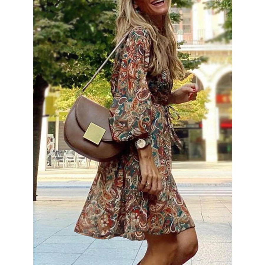 Full Size Paisley Print Long Sleeve Mini Dress Plus Size Apparel and Accessories