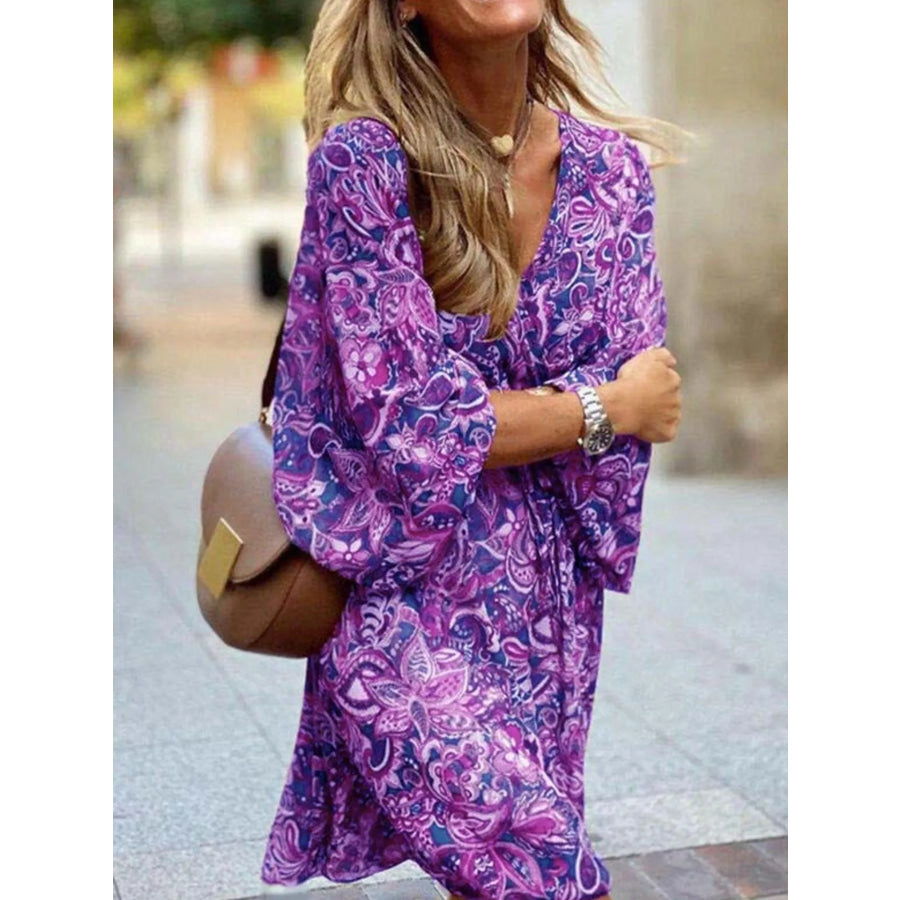 Full Size Paisley Print Long Sleeve Mini Dress Plus Size Apparel and Accessories
