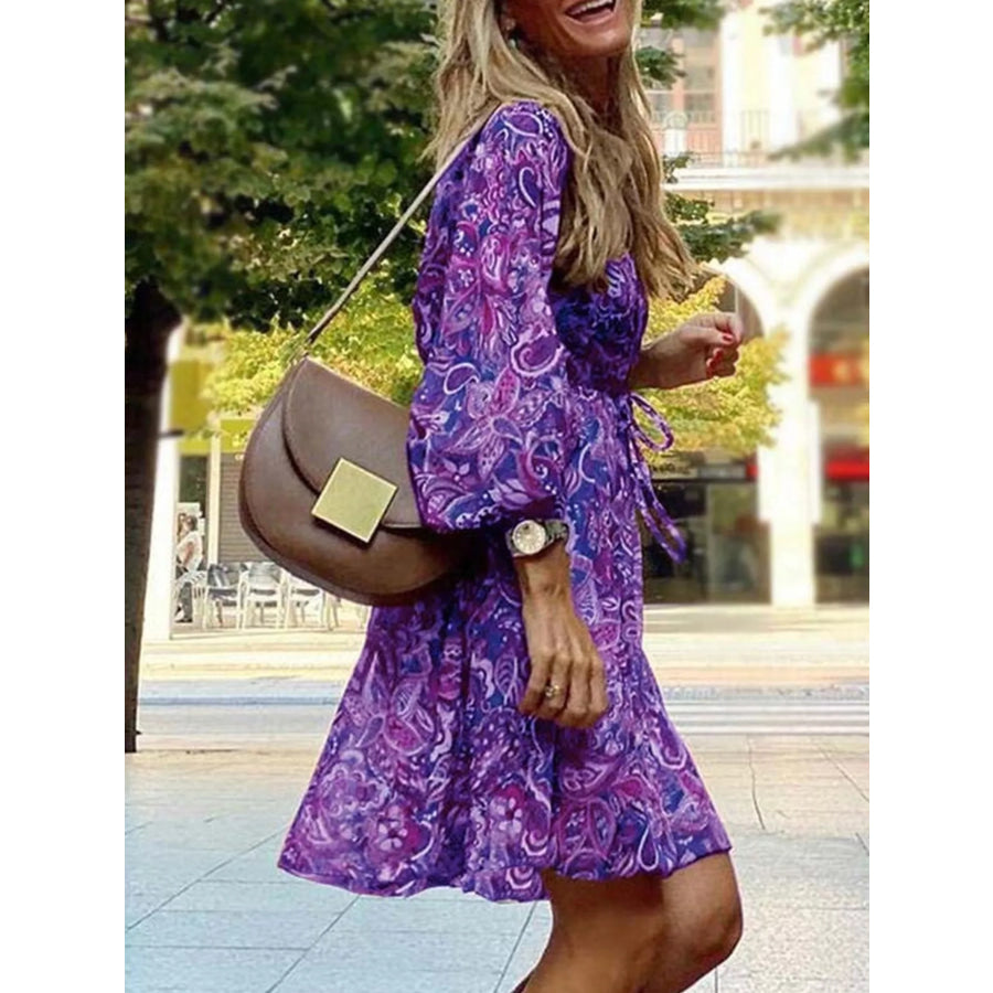 Full Size Paisley Print Long Sleeve Mini Dress Plus Size Apparel and Accessories