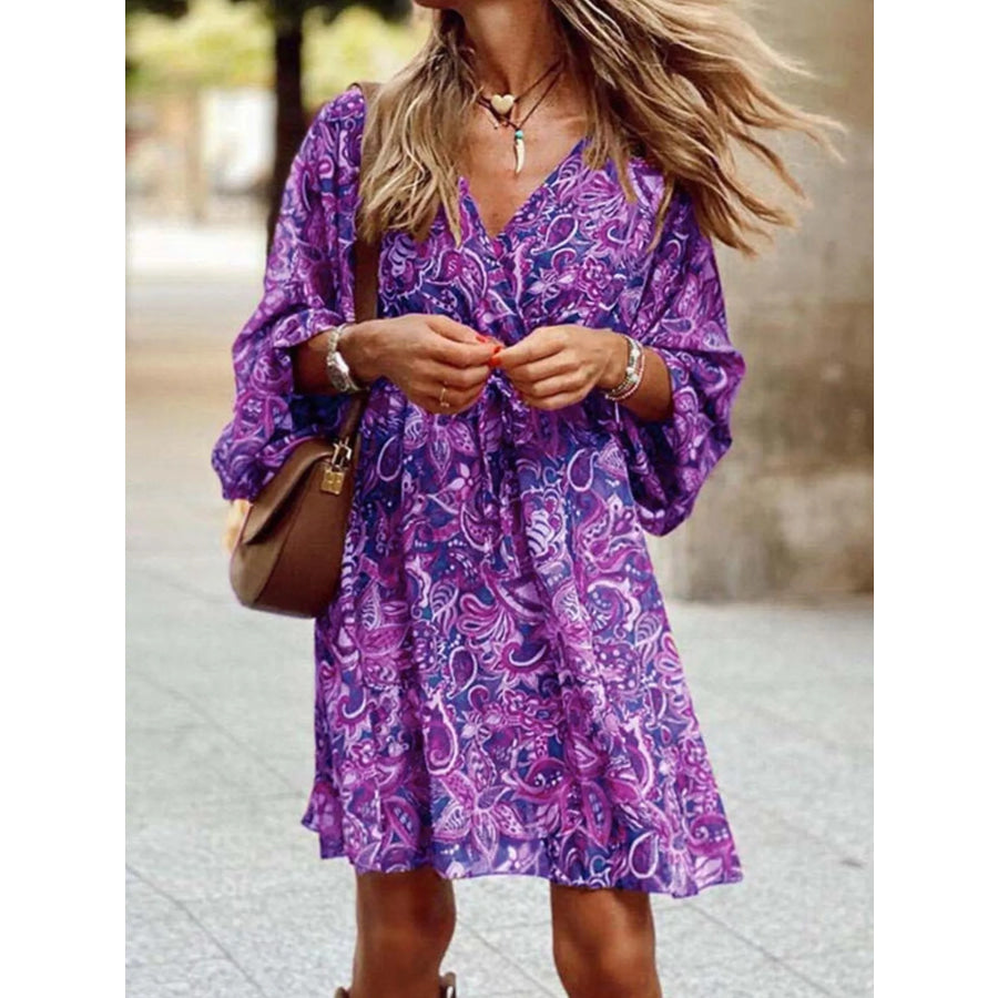 Full Size Paisley Print Long Sleeve Mini Dress Plus Size Apparel and Accessories