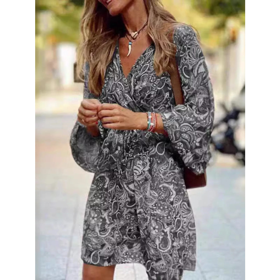 Full Size Paisley Print Long Sleeve Mini Dress Plus Size Grey / S Apparel and Accessories
