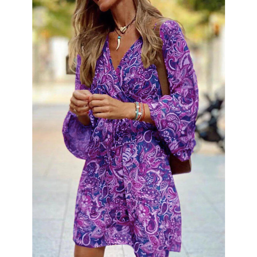 Full Size Paisley Print Long Sleeve Mini Dress Plus Size Purple / S Apparel and Accessories