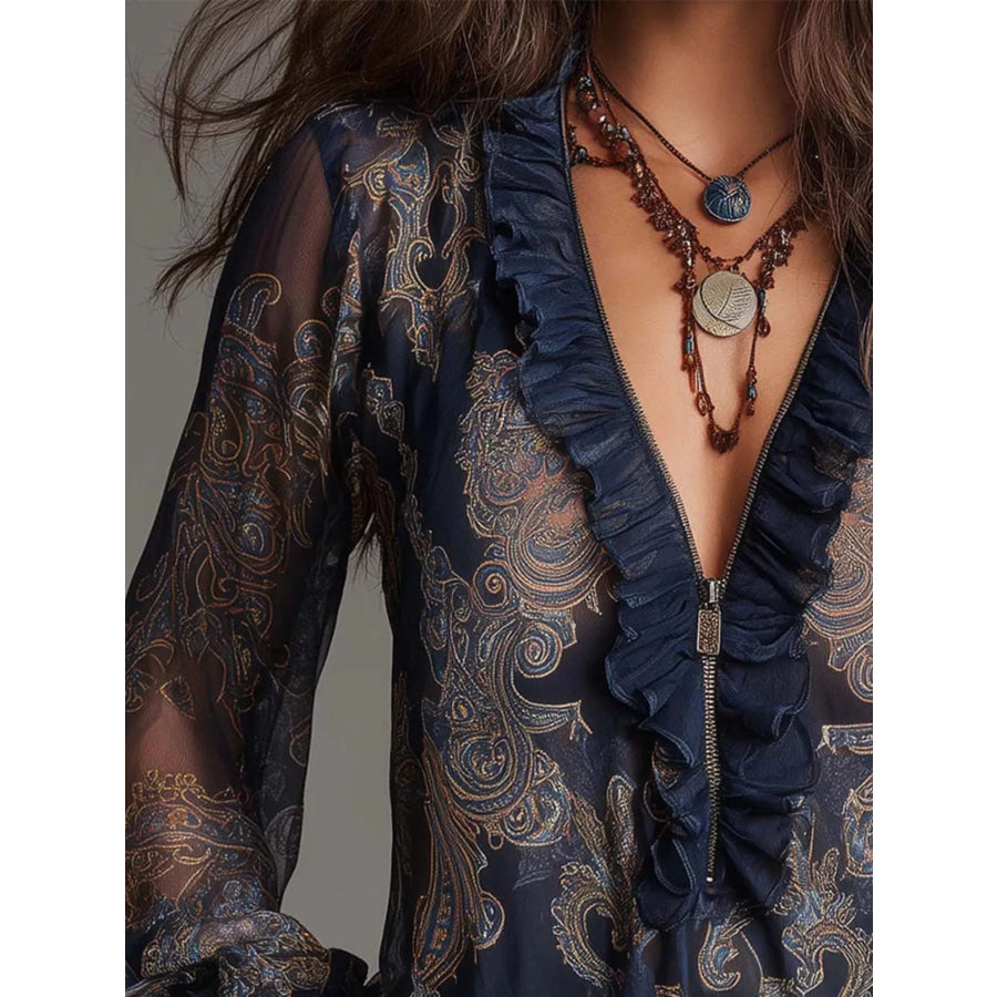 Full Size Paisley Print Ruffle Trim Zip-Front Blouse Plus Size Apparel and Accessories
