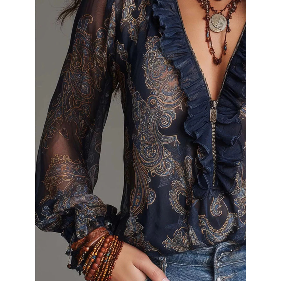Full Size Paisley Print Ruffle Trim Zip-Front Blouse Plus Size Apparel and Accessories