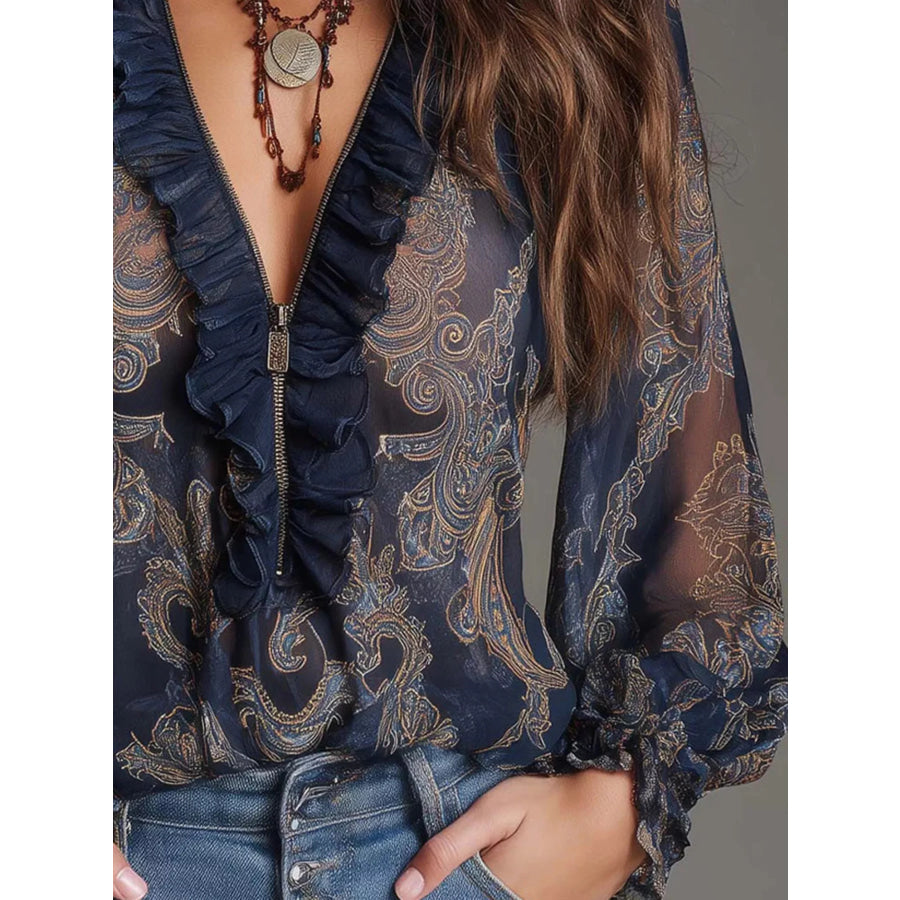 Full Size Paisley Print Ruffle Trim Zip-Front Blouse Plus Size Apparel and Accessories