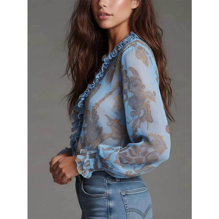 Full Size Paisley Print Ruffle Trim Zip-Front Blouse Plus Size Apparel and Accessories