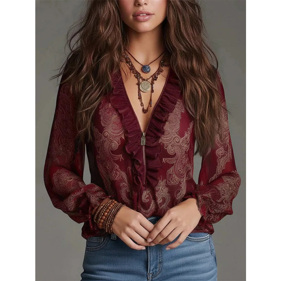 Full Size Paisley Print Ruffle Trim Zip-Front Blouse Plus Size Crimson / S Apparel and Accessories